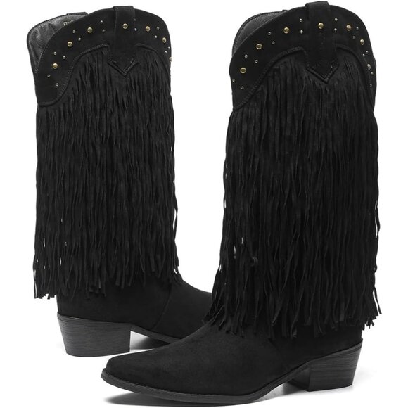 AMOJI Women Black Western Cowboy Boots Pointed Toe Mid Calf Cowgirl - Picture 4 of 8